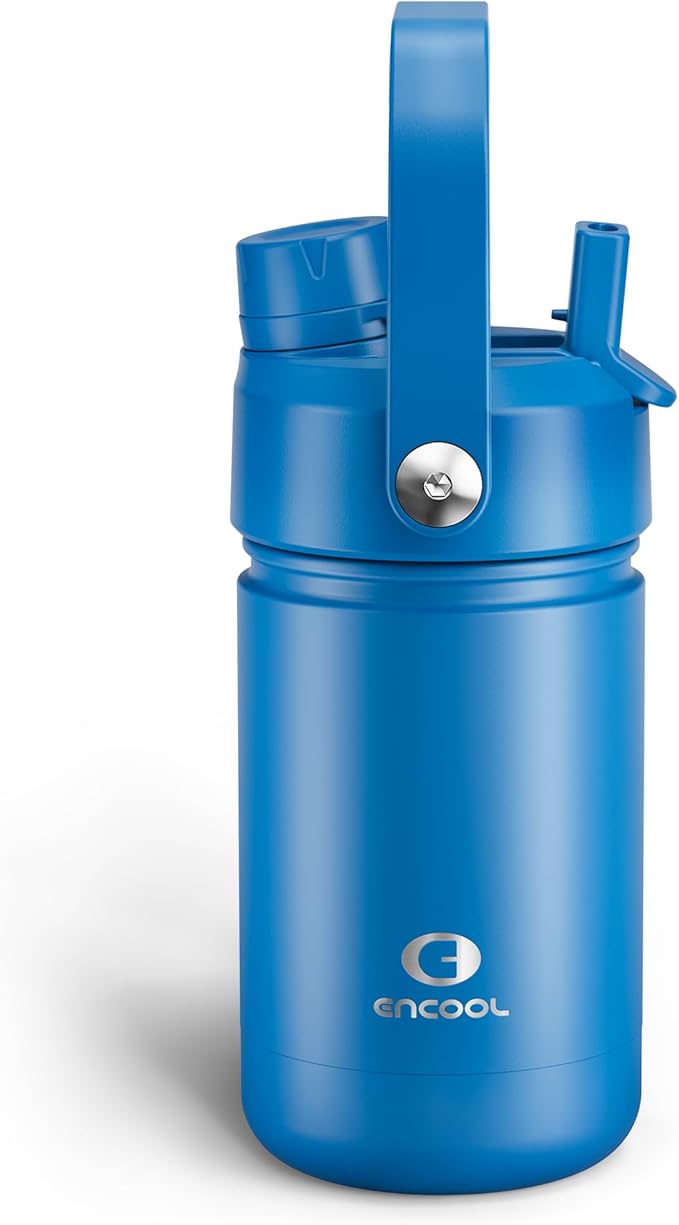 Kids Insualated Water Bottle with Straw - 12oz Stainless Steel Water Bottle with Dual Spouts, Leak-Proof, BPA-Free, Double Wall Vacuum Keeps Cold for 24 Hours for Sports, Travel, School (Celtic Blue)