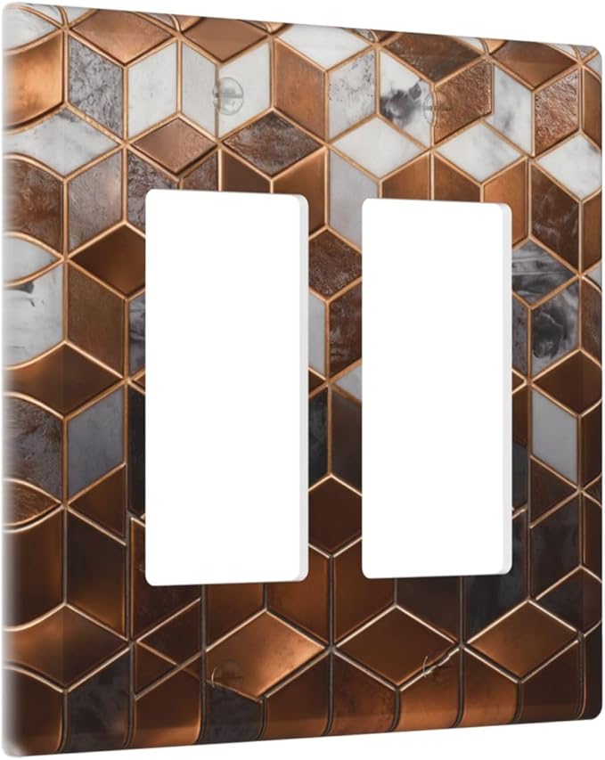 Brown Abstract Luxury Modern Geometric Cubic Marble 2 Gang Double Rocker Decorative Light Switch Covers Electrical Faceplate Switch Plates for Bathroom Kitchen Home