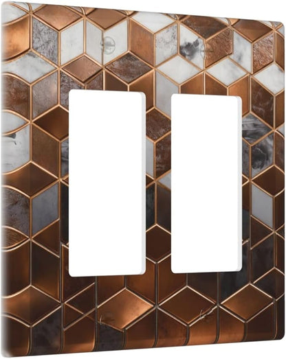 Brown Abstract Luxury Modern Geometric Cubic Marble 2 Gang Double Rocker Decorative Light Switch Covers Electrical Faceplate Switch Plates for Bathroom Kitchen Home