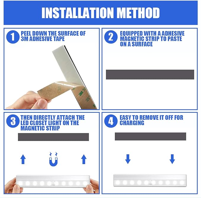 Motion Sensor Closet Lights, LED Cordless Under Cabinet Lighting, Wireless Stick-on Anywhere Battery Operated 10 LED Motion Sensor Night Light, Safe Lights for Cabinet Wardrobe Stairs (2 Packs)