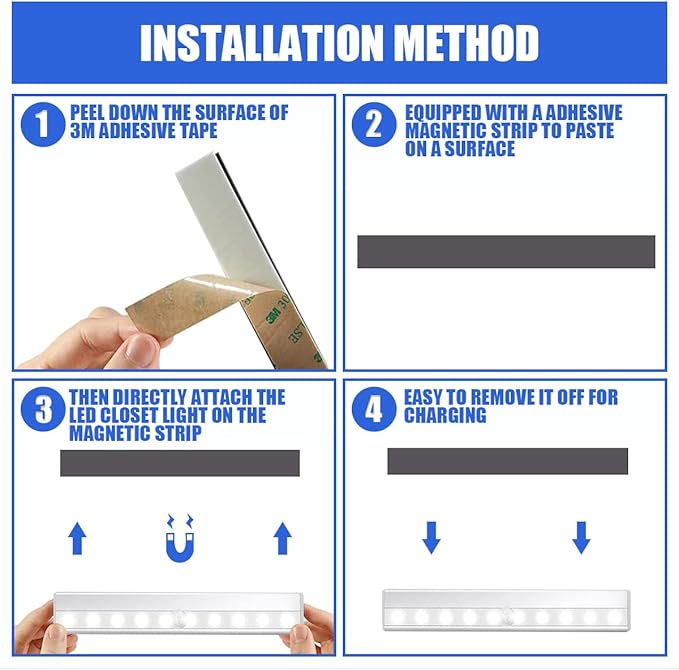 Cabinet Lighting 10 LED Closet Light, Motion Sensor Lights Indoor Dimmable Wireless Stick-on Night Light Bar for Kitchen, Wardrobe, Garage, Stairs, Bedroom (3 Packs)