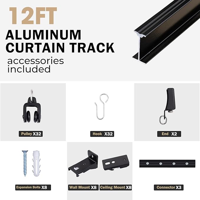 Aluminum Ceiling Curtain Track Set with Hooks Ceiling Mount and Wall Mount Room Divider Sliding Curtain Tracks Rods Flexible Heavy Duty Curtain Rail Hook Sets,Black,12FT