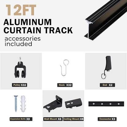 Aluminum Ceiling Curtain Track Set with Hooks Ceiling Mount and Wall Mount Room Divider Sliding Curtain Tracks Rods Flexible Heavy Duty Curtain Rail Hook Sets,Black,12FT