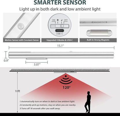 Under Cabinet Lights Motion Sensor Light Indoor, LED Closet Lights Battery Operated Lights, 4500mAh USB C Rechargeable Under Cabinet Lighting Wireless, 6000K Cool White, 180 Days Battery Time