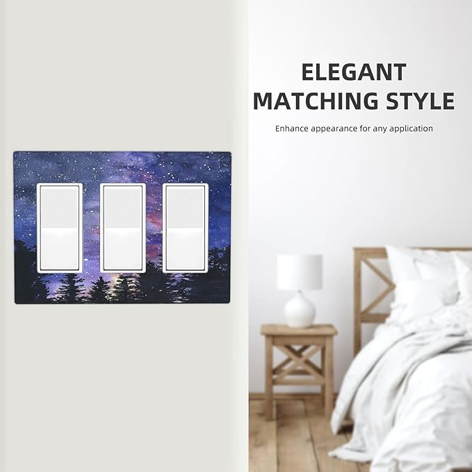 Light Switch Covers Dream Milky Way Starry Forest Pine Watercolor Painting 3 Gang Rocker Electrical GFCI Decorative Triple Outlet Wall Plate Cover Switchplate for Bedroom Home Decor