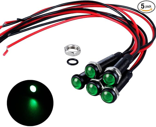 5pcs 6mm LED Indicator Light Plastic Black Signal Dot Lamp 12V-24V 1/4" Mounting Hole Size with 15cm/5.9in. Wire (Green LED)