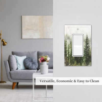 Decorative Outlet Covers Green Forest Watercolor Painting Foggy Pine 1 Gang Single Rocker Light Switch Cover Plate Wall Plates GFCI Faceplate for Bedroom living Room Decor