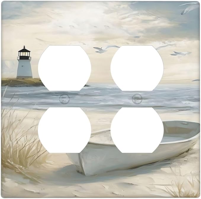 Decorative Outlet Covers Seascape Painting with Lighthouse Boats 2 Gang Wall Plate Double Duplex Receptacle Light Switch Covers Switch Plate Cover for Bedroom Home Decor