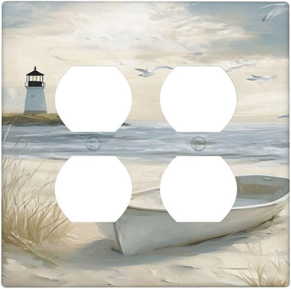 Decorative Outlet Covers Seascape Painting with Lighthouse Boats 2 Gang Wall Plate Double Duplex Receptacle Light Switch Covers Switch Plate Cover for Bedroom Home Decor