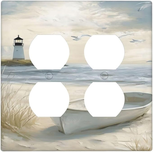 Decorative Outlet Covers Seascape Painting with Lighthouse Boats 2 Gang Wall Plate Double Duplex Receptacle Light Switch Covers Switch Plate Cover for Bedroom Home Decor