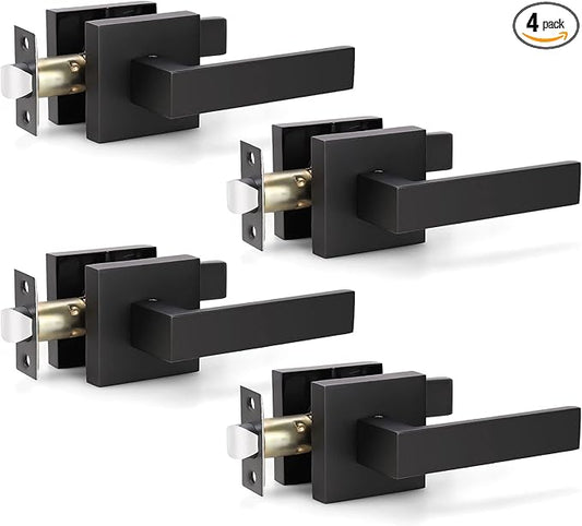 KNOBWELL Matte Black Door Handles 4 Pack, Levers Passage Door Knobs, Interior Door Handles for Closet/Hallway, Reversible for Left and Right