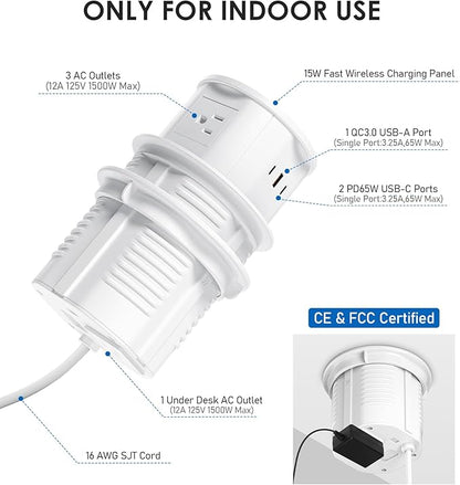 ANNQUAN 4.75" Pop Up Outlet with 65W USB-C,15W Wireless Charger,4 Outlets,3 USB Ports,Pop Up Countertop Receptacle Outlet for Home Office Kitchen
