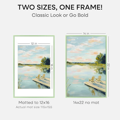 Homeforia 14x22 Picture Frame Sage Green, High End Metal 14x22 Poster Frames with Mat 12x16 inch Photo, 14 x 22 Sage Green Frame Matted to 12 by 16 Art, 22x14 Frame, Tempered Glass, Wall Kit, Set of 1
