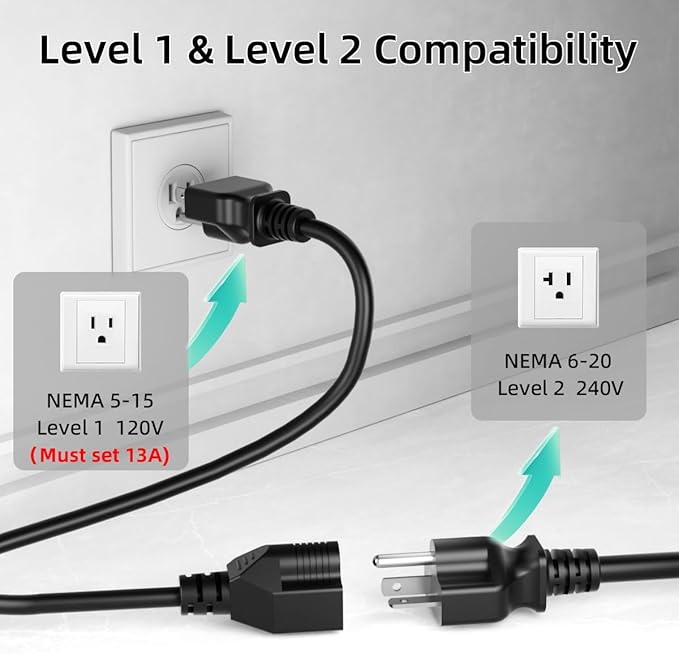 Level 2 & Level 1 EV Charger for Tesla Mobile Charing,16A,ETL Certified with 25ft Extension Cable,NACS Connector,NEMA 6-20P to 5-15P Adapter,Electric Car EV Charger for Tesla Model Y/X/3/S