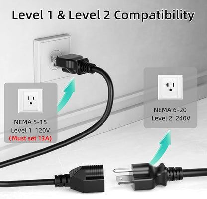 Level 2 & Level 1 EV Charger for Tesla Mobile Charing,16A,ETL Certified with 25ft Extension Cable,NACS Connector,NEMA 6-20P to 5-15P Adapter,Electric Car EV Charger for Tesla Model Y/X/3/S