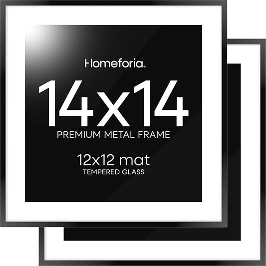 Homeforia 14x14 Picture Frame Black, High End Metal 14 x 14 Square Poster Frames with Mat 12 x 12 Photo, 14x14 Black Frame Matted to 12x12 Print, 14by14 Thin Frames, Tempered Glass, Wall Kit, Set of 2
