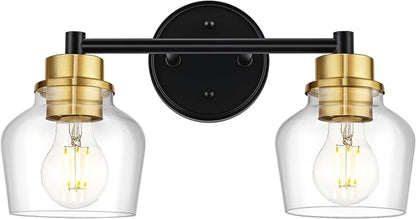 Emak Farmhouse 2-Light Bathroom Light Fixtures, Modern Black and Gold Vanity Lights with Clear Glass Shade for Bathroom, Mirror, VL122-BKBGD-CG-2