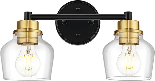 Emak Farmhouse 2-Light Bathroom Light Fixtures, Modern Black and Gold Vanity Lights with Clear Glass Shade for Bathroom, Mirror, VL122-BKBGD-CG-2
