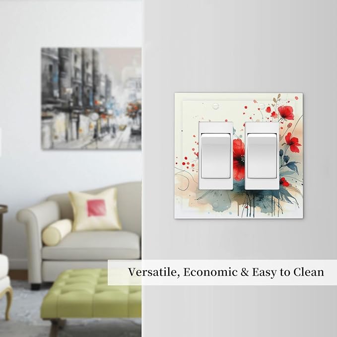 Vintage Floral Red Watercolor Modern Decorative Outlet Covers 2 Gang Double GFCI Rocker Light Switch Cover Plate Electrical Wall Panels for Bedroom Bathroom Decor