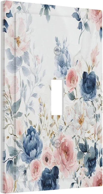 Elegant Watercolor Pink Blue Flowers Floral Single Toggle Light Switch Cover plate Outlet Cover Decorative Switchplate Wall Plates Electrical Panel Cover for Bathroom Living Room 5 X 3 IN