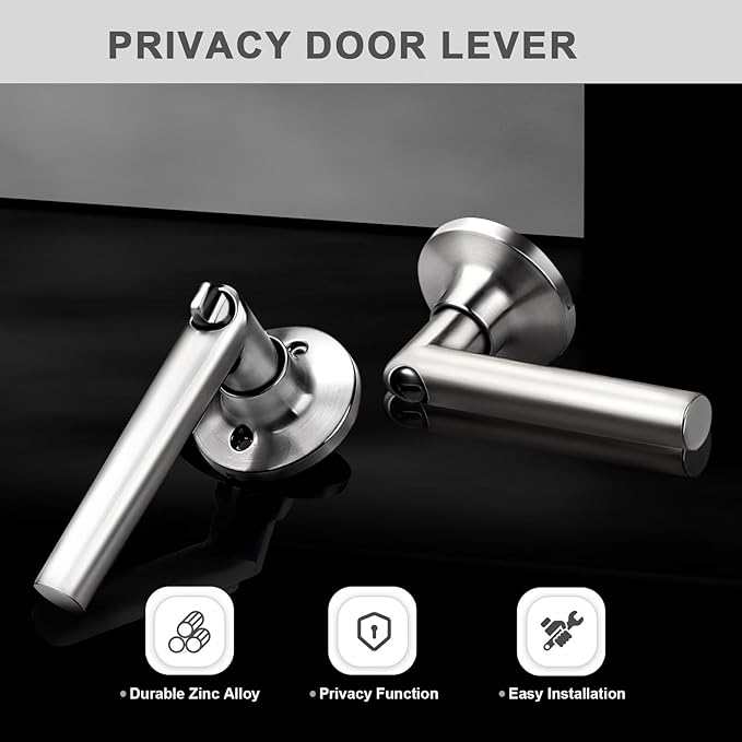 GOBEKOR 4 Pack Brushed Nickel Door Handles Privacy Door Levers with Lock,Heavy Duty Interior Door Handles for Bedroom and Bathroom,Sleek Round Door Lever Satin Nickel with No Key