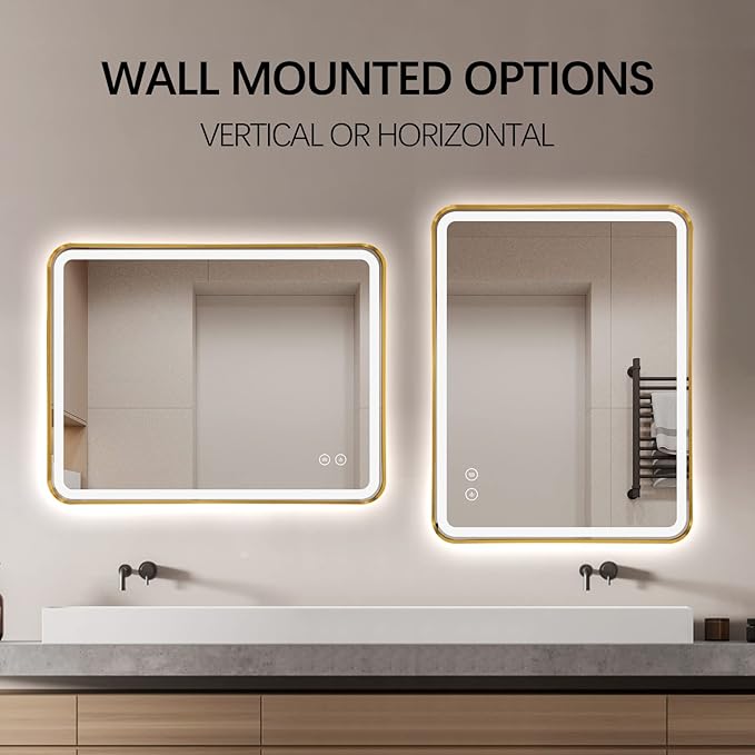 Rectangle LED Bathroom Mirror, 40"x30" Anti-Fog Double Touch Lighted Wall Vanity Mirror 45° Beveled Metal Frame Stepless Adjustable Color Temperature Smart Mirror 3000K-6000K, Gold