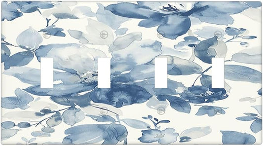 Light Switch Covers Blue Watercolor Floral Quad Toggle Electrical Faceplate 4 Gang Wall Plate Decorative Switch Plates for Bedroom Bathroom Decor
