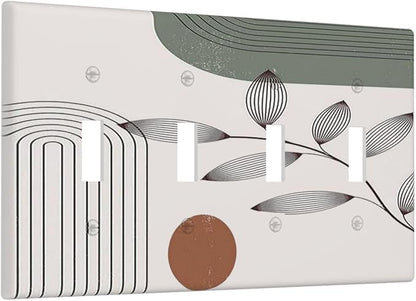 Light Switch Covers Sage Green Boho Nature Art Minimalist Geometric Plant Quad Toggle Electrical Faceplate 4 Gang Wall Plate Decorative Switch Plates for Bedroom living Room Decor