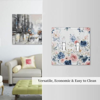 Elegant Watercolor Pink Blue Flowers Floral 2 Gang Double Toggle Light Switch Cover Decorative Switchplate Electrical Wall Plates Faceplate for Bathroom Bedroom Decor 4.9 X 5 IN