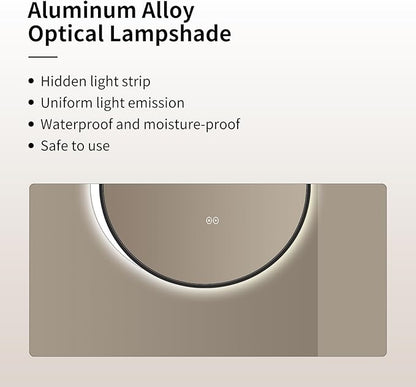 Round LED Bathroom Mirror with Gold Frame, 24V Backlight, 3 Color Temperatures, Dimmable, Memory Function, Defogging (Black Border, 24" L x 24" W)