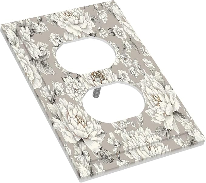 White Poppies Floral Modern Grey Peonies Flowers Outlet Covers 1 Gang Duplex Light Switch Cover Wall Plate Decorative Switch Plates Electrical Receptacle Faceplate for Bedroom Bathroom