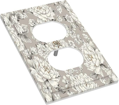 White Poppies Floral Modern Grey Peonies Flowers Outlet Covers 1 Gang Duplex Light Switch Cover Wall Plate Decorative Switch Plates Electrical Receptacle Faceplate for Bedroom Bathroom