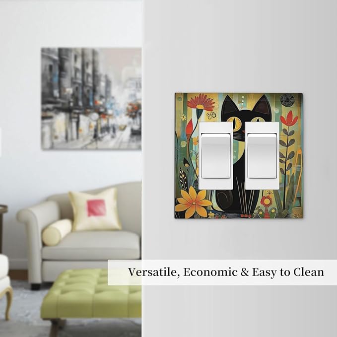 Funny Cat Retro Abstract Flowers Kitten Decorative Outlet Covers 2 Gang Double Gfci Rocker Electrical Wall Panels Light Switch Cover Plate For Kids Room Bed Room Decor