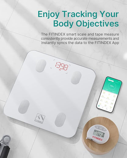FITINDEX Smart Scale and Tape Measure, Digital Bathroom Scale & Body Tape Measure Sync with APP, Bluetooth Weighing Machine, Body Composition Analyzer, for Health Care