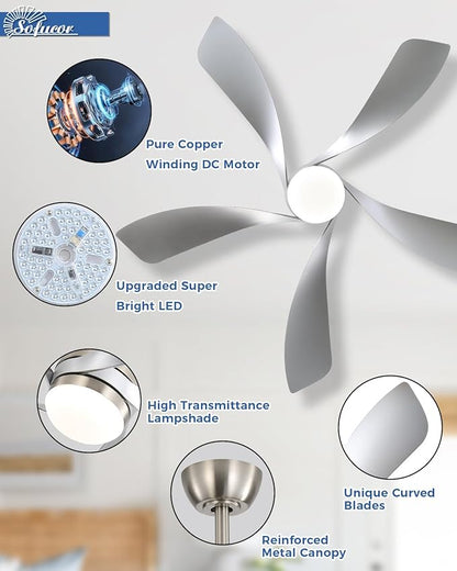 Sofucor 52" Smart Ceiling Fan, Indoor/Outdoor Ceiling Fans with Lights and Remote, Compatible with Alexa/Google/App, 3-Color Light 6-Speed Timing Reversible DC Motor for Bedroom Living Room Patio