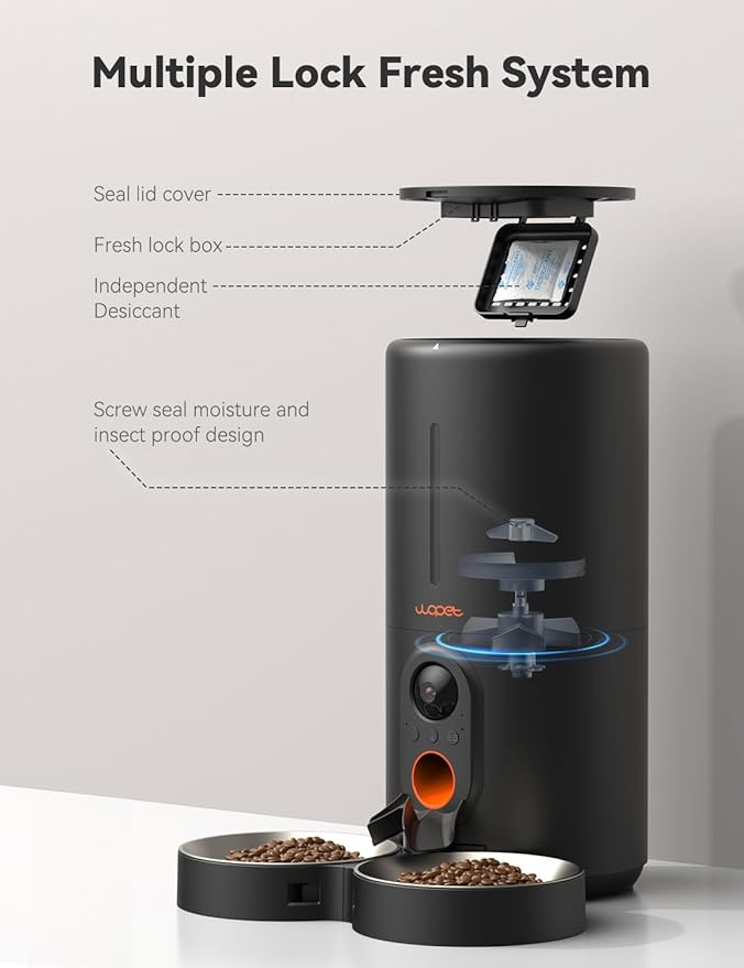 WOPET Automatic Cat Feeder with Camera for Two Cats, 6L Automatic Dog Feeder with HD Video and Night Vision, 5G/2.4G WiFi Pet Feeder for Cats & Dogs, SD Card Storage & 2-Way Audio