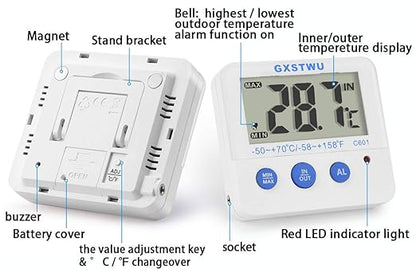 Fridge Freezer Thermometer Max/Min Memory High & Low Temperature Alarms Settings with LED Indicator Digital Refrigeration Thermometer with Magnetic,Stander (WhiteMeter2pack)