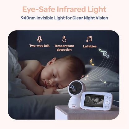 1080P WiFi Baby Monitor with Camera and Audio, Pan-Tilt-Zoom Video Camera, 4'' IPS Screen, HD Night Vision, Motion & Cry Detection, 360° View, Temperature Sensor, Feeding Reminder, Lullabies
