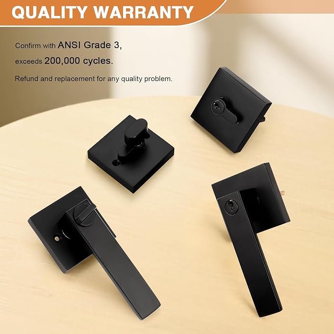 Probrico Square Keyed Entry Levers and Single Cylinder Deadbolts Combo Pack, Flat Black Heavy Duty Entrance Locksets for Office Bedroom and Front Door, 4 Pack Keyed Alike(All Same Keys)