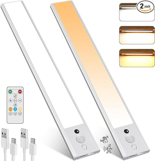 2 Pack 30CM Under Cabinet Lights [with Remote], 120 LEDs Motion Sensor Light, 3 Color Temps Dimmable & Timable, Rechargeable Closet Lights for Cabinet, Closet, Kitchen, Hallway, Stairs