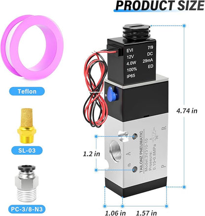 TAILONZ PNEUMATIC 3/8"NPT Solenoid Valve 3V310-10 12V/24V Single Coil Pilot-Operated Electric 2 Position 3 Way Connection Type(Outlet wire)