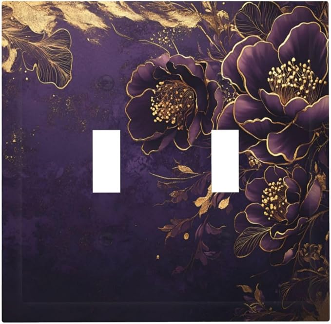 Decorative Light Switch Cover Plate Vintage Purple Peony Gold Leaf Flowers Floral 2 Gang Wall Plate Oversized Double Toggle Two Switch Wall Cover Plate Dual Device Electrical Face Plate