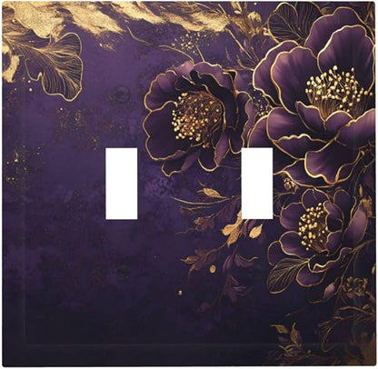 Decorative Light Switch Cover Plate Vintage Purple Peony Gold Leaf Flowers Floral 2 Gang Wall Plate Oversized Double Toggle Two Switch Wall Cover Plate Dual Device Electrical Face Plate