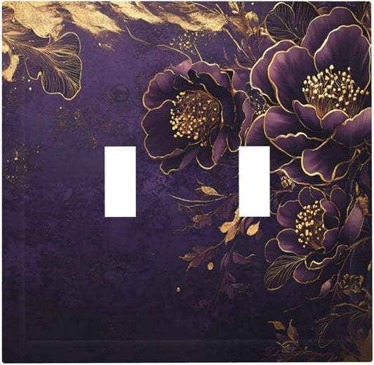 Decorative Light Switch Cover Plate Vintage Purple Peony Gold Leaf Flowers Floral 2 Gang Wall Plate Oversized Double Toggle Two Switch Wall Cover Plate Dual Device Electrical Face Plate