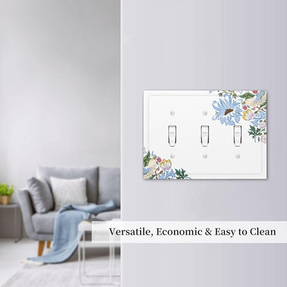 Decorative Light Switch Cover Plate Retro Morris Strawberry Rustic Plant Bird 3 Gang Wall Plate Oversized Triple Toggle Switch Cover Plate Jumbo Faceplate for Bedroom Decor