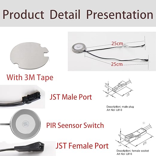VST Motion Sensor Light Switch, IR Sensor, Led Light Automatic Door Switch for Closet Light Under Cabinets Counters Wardrobes with 12V JST Male and Female Connector (DC 12/24V)