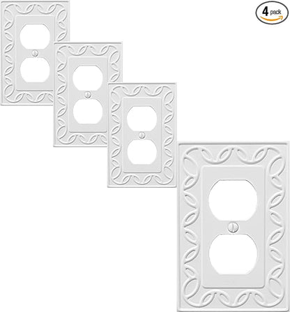 Single Duplex Outlet Cover Plate, 4-Pack White NovaBloom Metal Wall Plate 1 Gang, Light Switch Cover, for Receptacle Light Switch, Switch Cover Decorative Wallplate, Durable