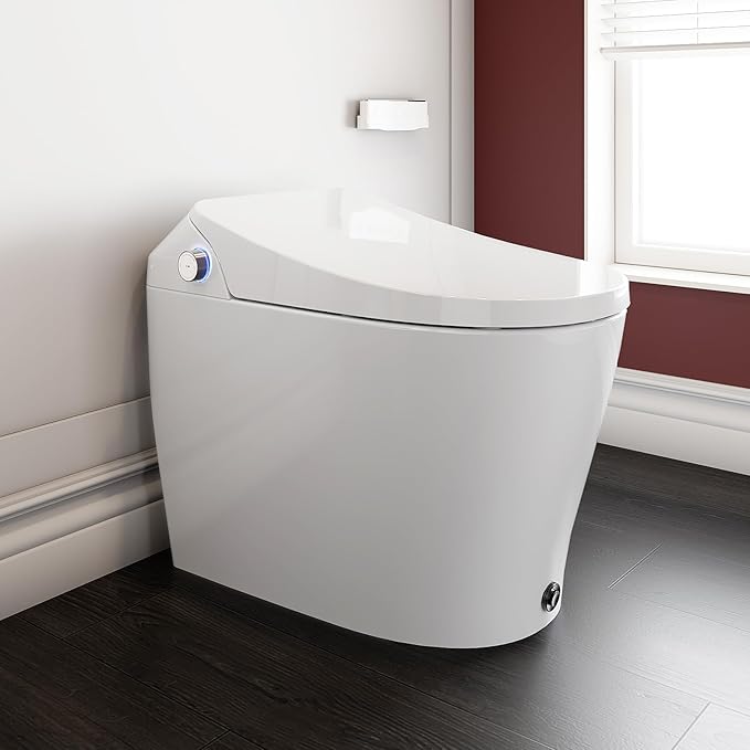 Smart Toilet with Built-In Bidet, Auto Open and Close Lid, Heated Seat, Warm Air Dryer, Night Light, 1.06 GPF Powerful Auto Flush and Blackout Flush, Easy Operation by Knob, Remote, Kick Button