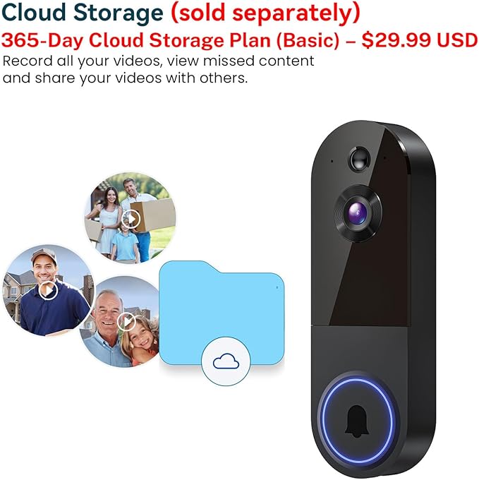 1080p Wireless Wi-Fi Video Doorbell Camera with Night Vision, Two Way Audio, 2.4G WiFi Only, AI Motion Detection and Cloud Storage (Sold Separately)