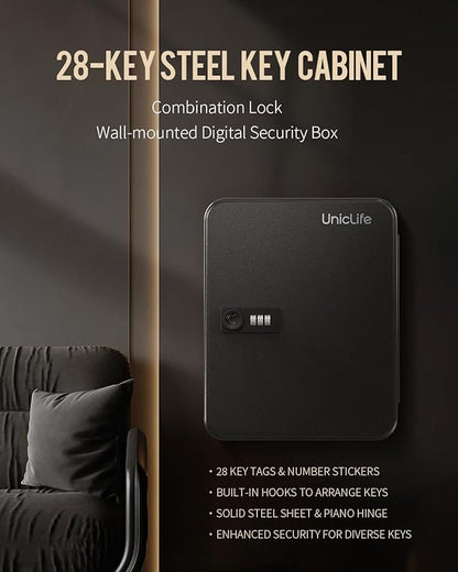 Uniclife 28 Position Key Cabinet with Combination Lock Resettable Black Digital Security Storage Box Steel Key Organizer with Colorful Key Tag Labels Stickers and Hooks